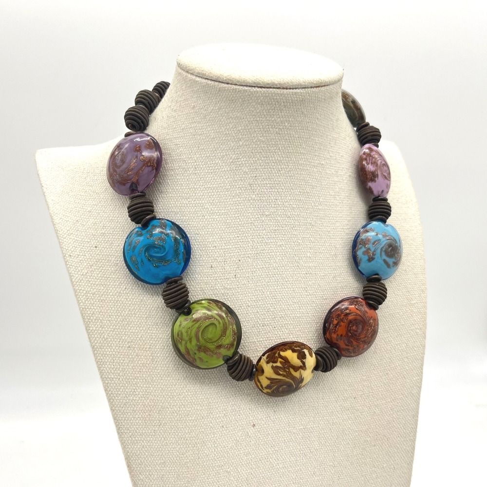 Hillary London Art Glass Swirl Bead Necklace Multi Color Bronze Tone 18 in